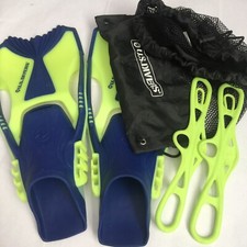 US DIVERS SNORKEL SWIM FINS USA 9-13 SMALL JR SIZE S MESH CARRY BAG BLUE YELLOW