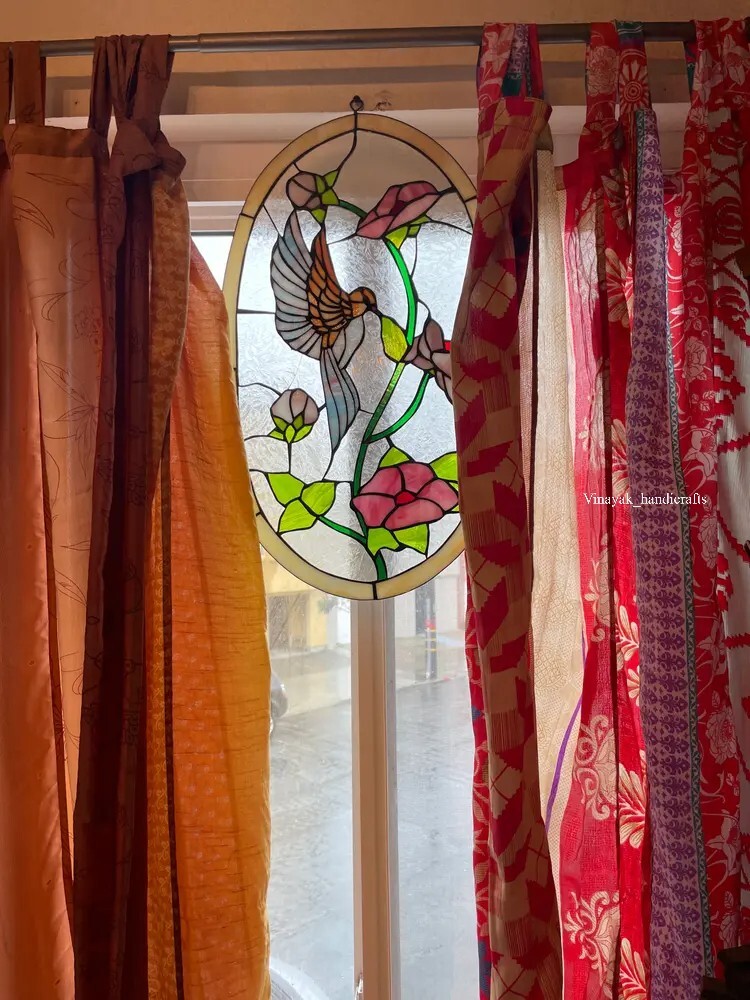 Silk Pachwork Curtain インドサリー　#A22 シングル 2 PCS Indian Sari Patchwork Curtain Drape Window Decor Red Silk