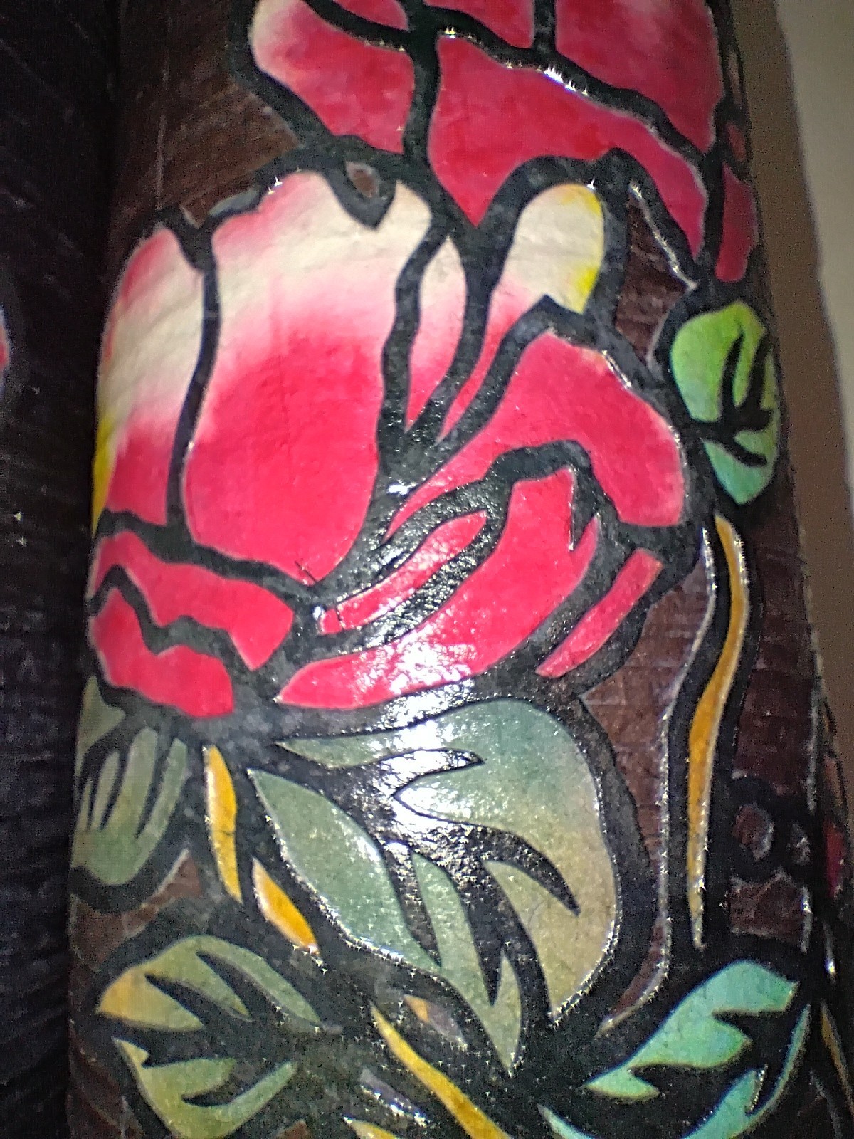 2 Vintage Lacquered Paper Mache Stained Glass Design Cylinder Canister/Container