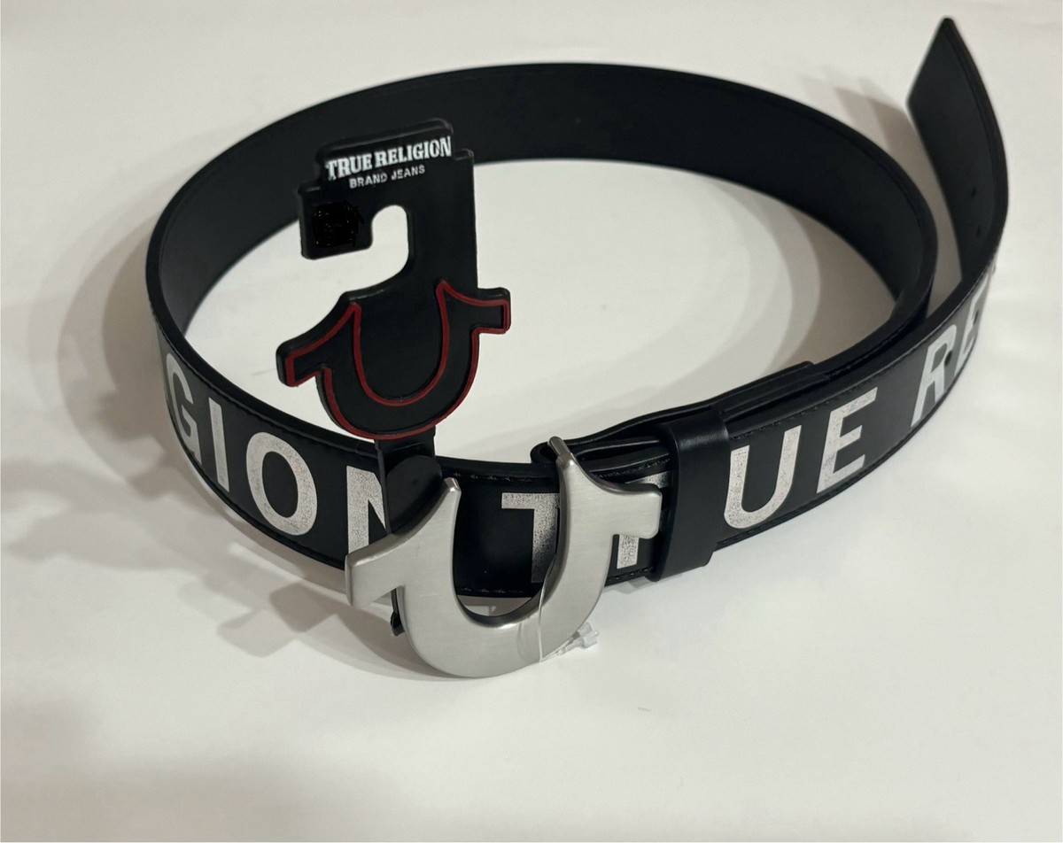 NEW Men's TRUE RELIGION Holo Sage Logo Leather Black Belt size 34