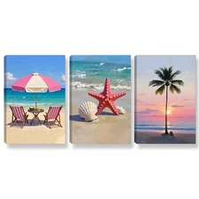 3 Pcs Summer Beach Wall Art, Sunset Seaside Canvas Painting Posters,Coastal G...