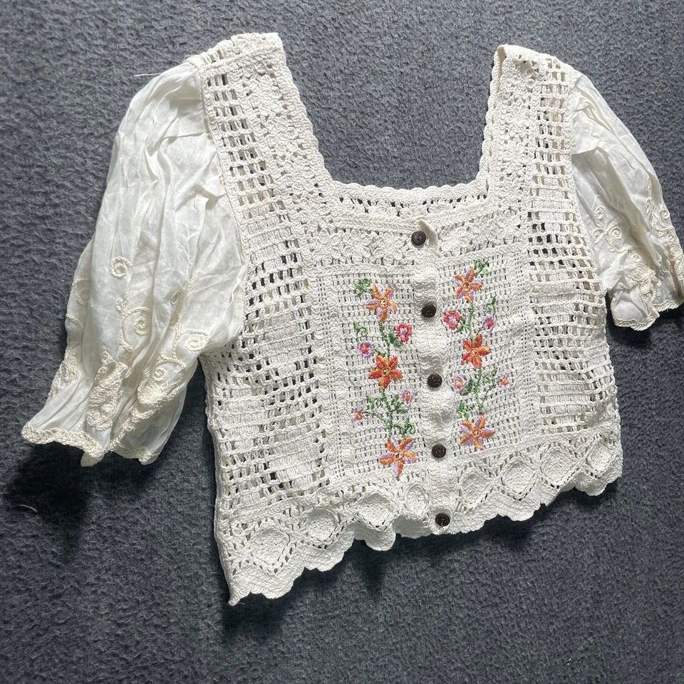 Top de encaje recortado bordado a ganchillo para mujer, beige mediano Boho Festival Foto 2 de 4