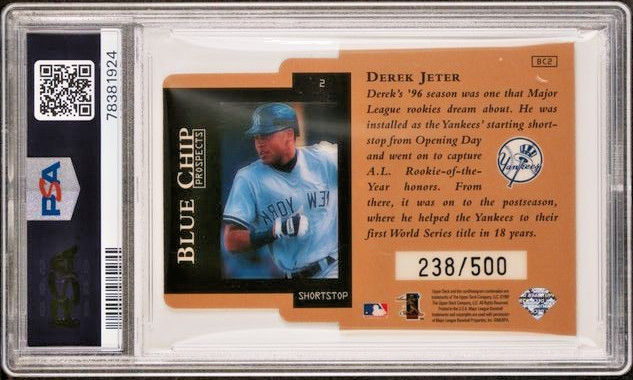 1997 Upper Deck Blue Chip Prospects /500 Foil Die-Cut #BC2 Derek Jeter SSP PSA 8 view 2