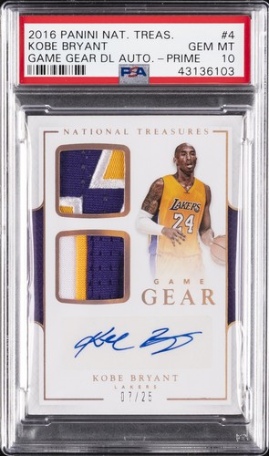 2016 NATIONAL TREASURES GAME GEAR DUAL JERSEY AUTO KOBE BRYANT #/25 PSA 10 AUTO
