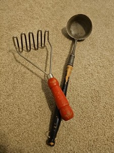 Vintage Wooden Handeled Ladel And Potatoe Masher