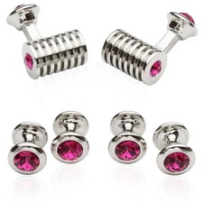 Men's Silver Fuchsia Pink Crystal Cufflinks and Studs Tuxedo Shirt Formal Set...