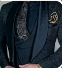 Men's Black One Button Formal Jacket with Satin Lapel and Paisley Pattern