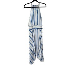 Nine‎ West Summer Breeze White & Blue Stripes Halter Pleated Dress Sz L Women’s