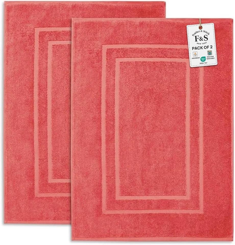Alfombrillas de baño de felpa de algodón de 2 piezas Feather & Stitch - coral suave cómodo, 30x21 pulgadas Foto 3 de 4