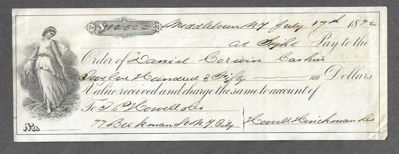 1872 Middletown New York Bank Draft "Maid"