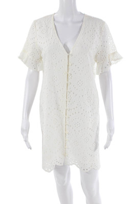 Walker & Wade Womens V Neck Eyelet Lace Button Down Dress White Size M