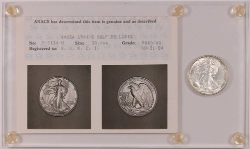 1944-S Gem BU Walking Liberty Half, ANACS MS65 - Lustrous, Vintage Photocert!
