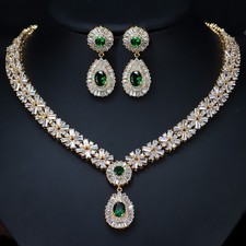 Gold Plated Water Drop Earrings Necklace Women Cubic Zirconia Bridal Jewelry Set