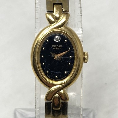 Vintage Pulsar Womens Watch 16mm Gold Tone V810-5860 Black Dial New Battery 7''