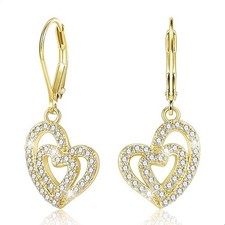 14K Gold Heart Leverback Earrings for Women,Cubic Zirconia Gold Drop Dangle E...
