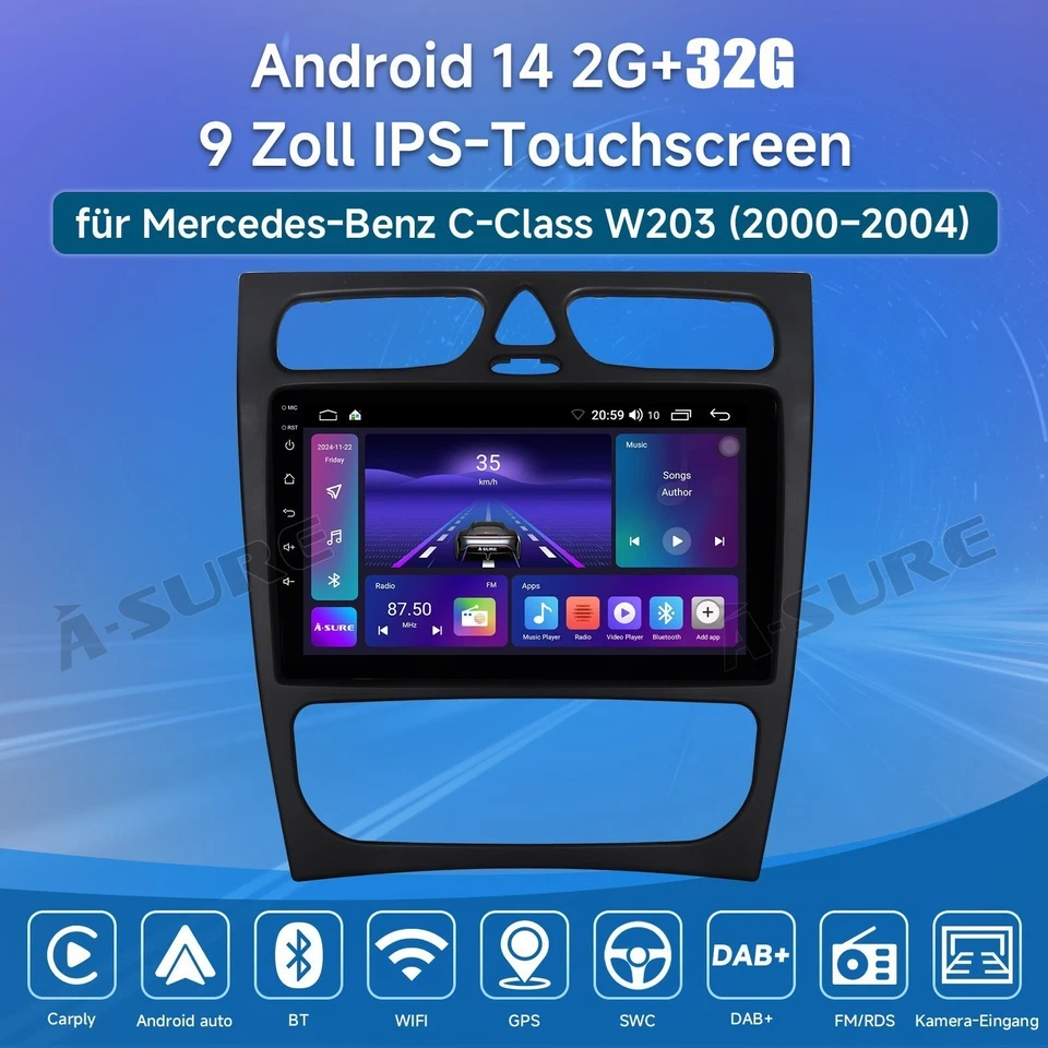 DAB+ 2+32GB Autoradio 14 Autoradio Kam Für Mercedes-Benz C Klasse W203 2000-2004 - Bild 2 von 4