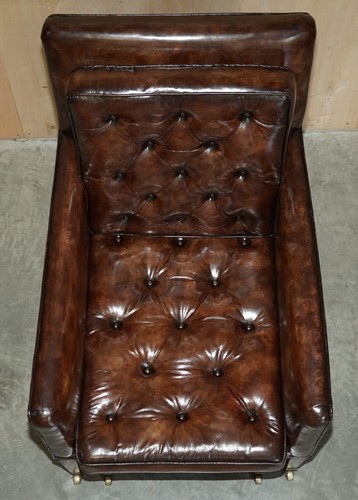 PAIR OF ANTIQUE REGENCY BROWN LEATHER CHESTERFIELD ARMCHAIRS EXTENDING STOOLS - Picture 7 of 12