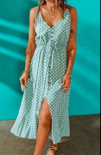 NWT Brovave Summer Casual Boho Sundress Polka Dot Spaghetti Strap V Neck, Sz Lg