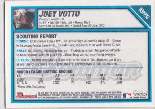 JOEY VOTTO 2007 Bowman GOLD INSERT ROOKIE CARD Cincinnati Reds Baseball MLB RC! - Picture 2 of 2