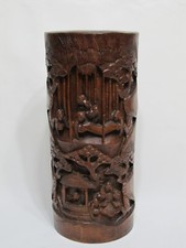 Fine Old Chinese carved landscapes and figurines bamboo brush pot Vase