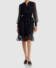 $158 T Tahari Women's Black Metallic Smocked Clip Dot Fit & Flare Dress Size XS