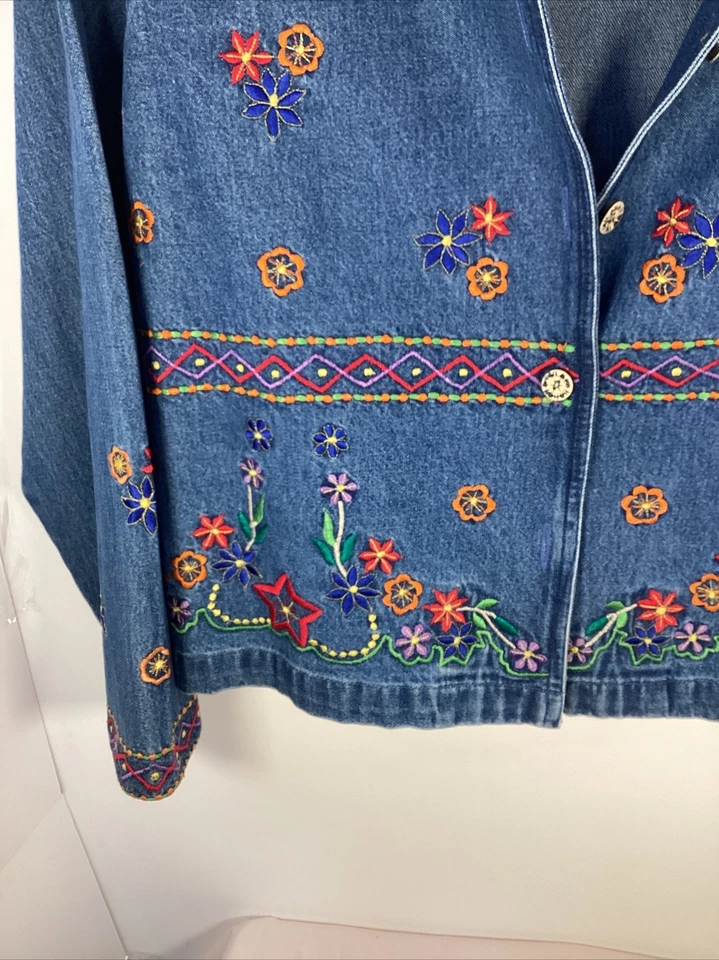 Chaqueta JULIA KIM Vintage Para Mujer Azul Denim Jean Floral Bordada Pequeña Grande Foto 4 de 4