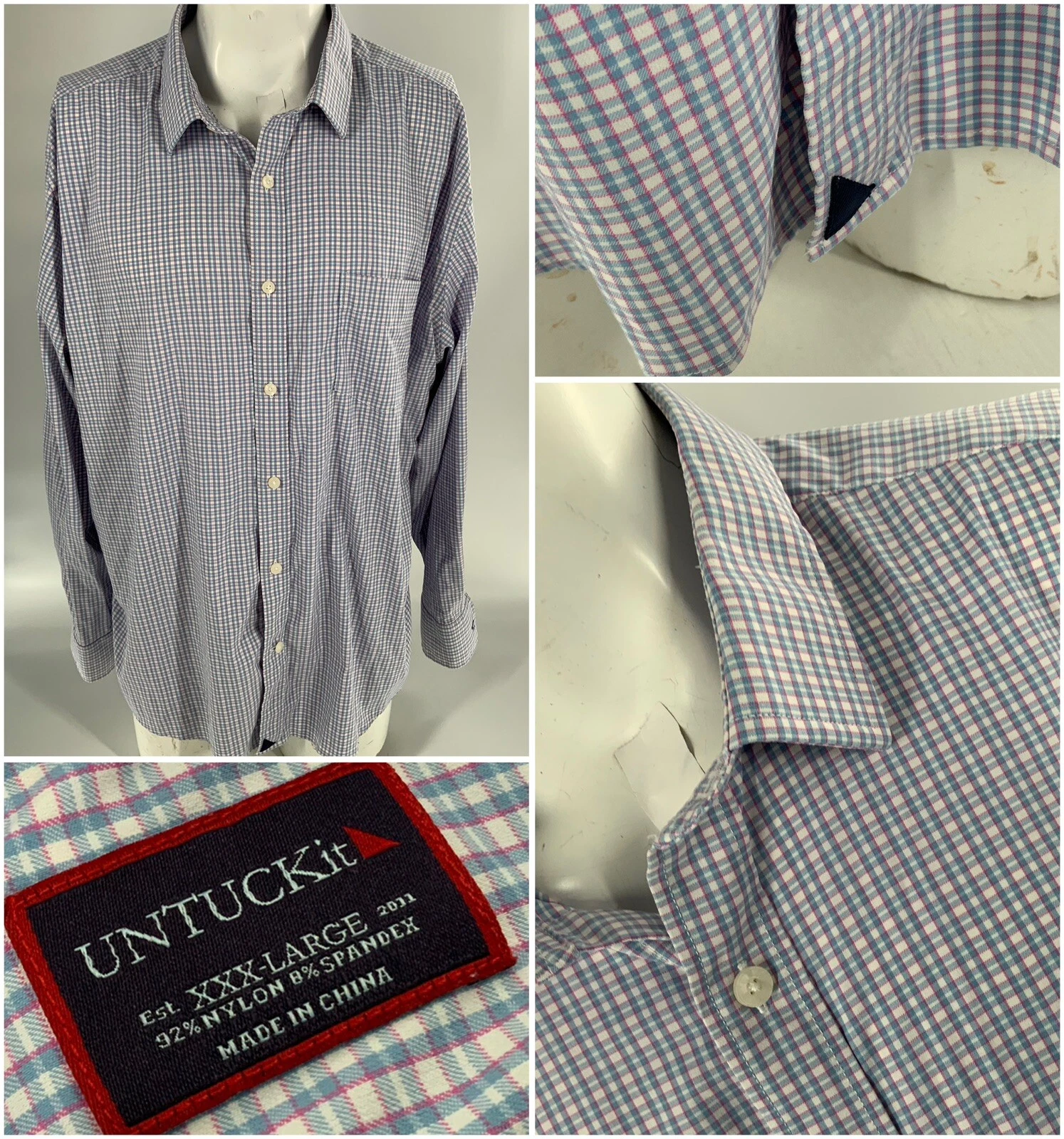 UNTUCKit Button-Up Shirt Men’s 3XL Blue Pink Plaid Nylon Spandex YGI G3-79