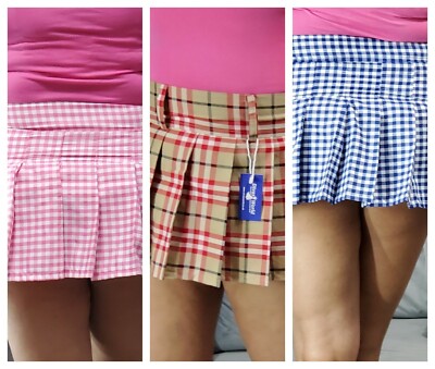 Tartan Mini Skirt Women's High Waist Plaid Pleated Belt Strap Side Zipper  Skirts