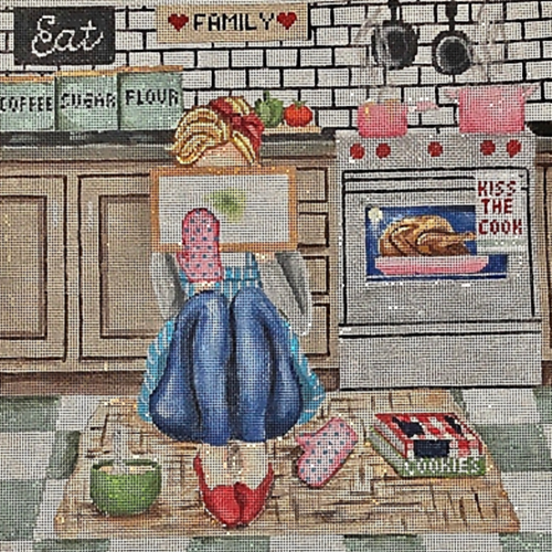 Needlepoint Handpainted Gayla Elliot Girl Stitching Kitchen 11x11 - Picture 2 of 4
