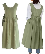 Women Plus Size Cotton Linen Vintage Pleated Split Apron Pinafore Dress with ...