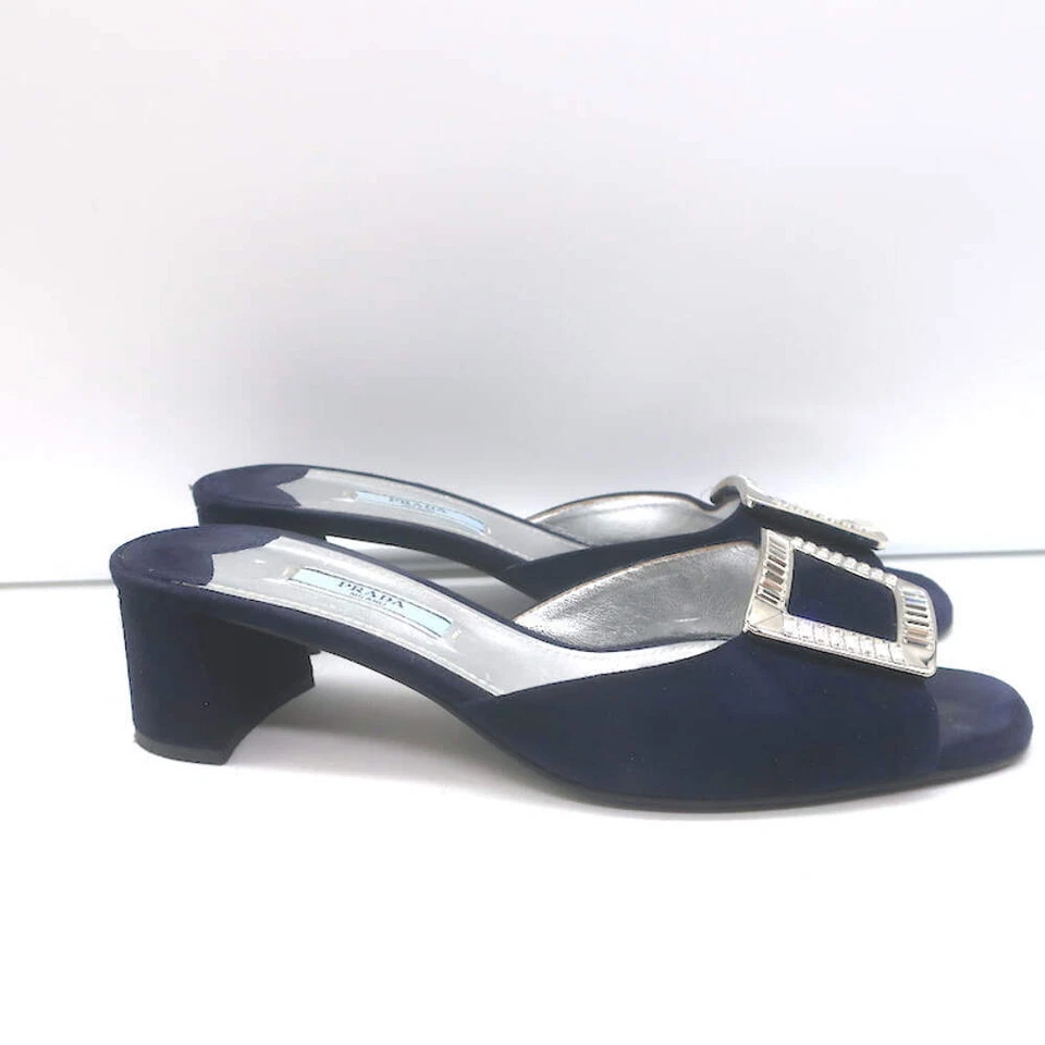 Prada Crystal Buckle Mules Navy Suede Size 38 Low-Heel Open Toe Sandals - Image 3 of 4