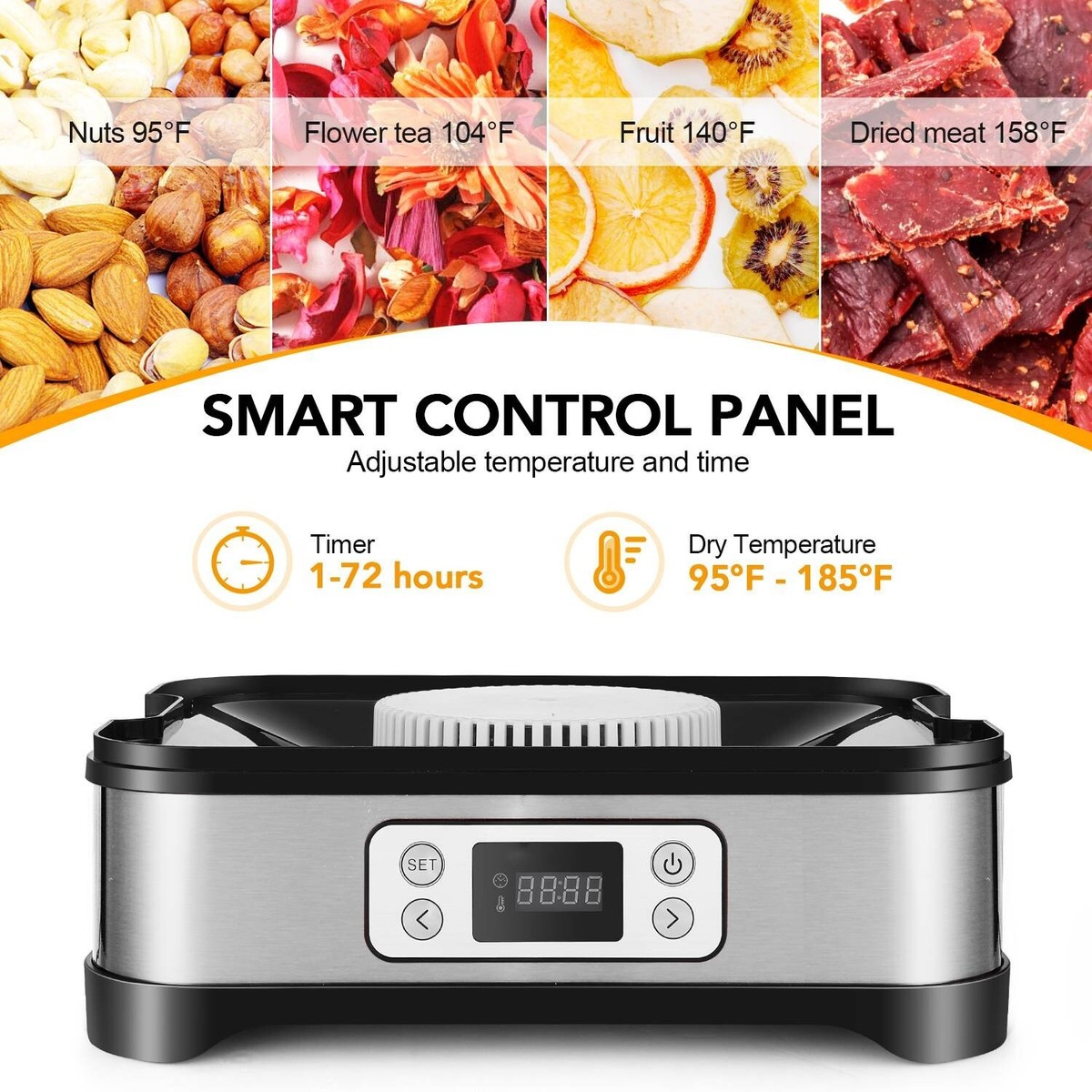 Arendo Dörrautomat 8 Etagen, 35-70°C, Edelstahl, Mit Temperaturregler Doerrgeraet 500 W 8 Etagen Timer 24h Fuer Obst Fleisch Pilze Bpa Frei Gs 8 Einlegefaecher S0a270hp
