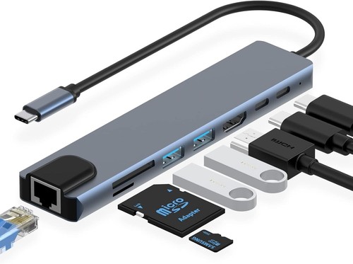 8in1 USB-C 3.1 To Type-C USB 3.0 Hub HDMI RJ45 Ethernet Micro SD TF OTG Adapter - Picture 2 of 7