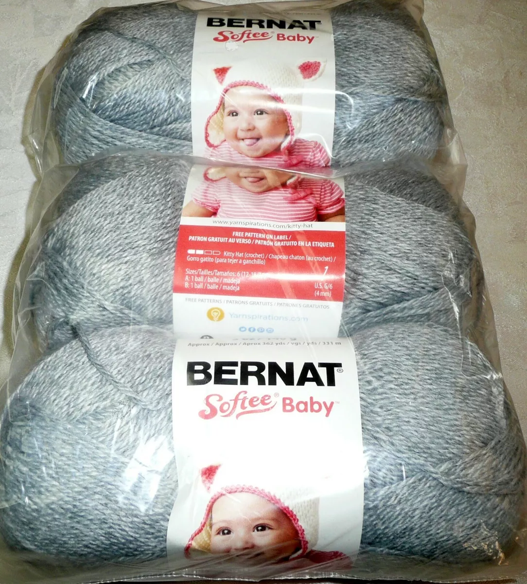Bernat Softee Baby Yarn Lot of 3 Skeins FLANNEL Acrylic 3 Light