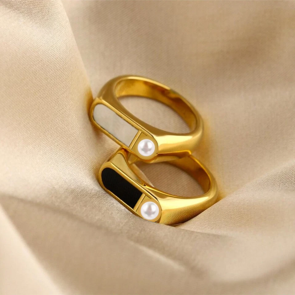 Кольцо из серебра 925 пробы с черным ониксом и белым жемчугом ручной работы для женщин - Изображение 3 из 4