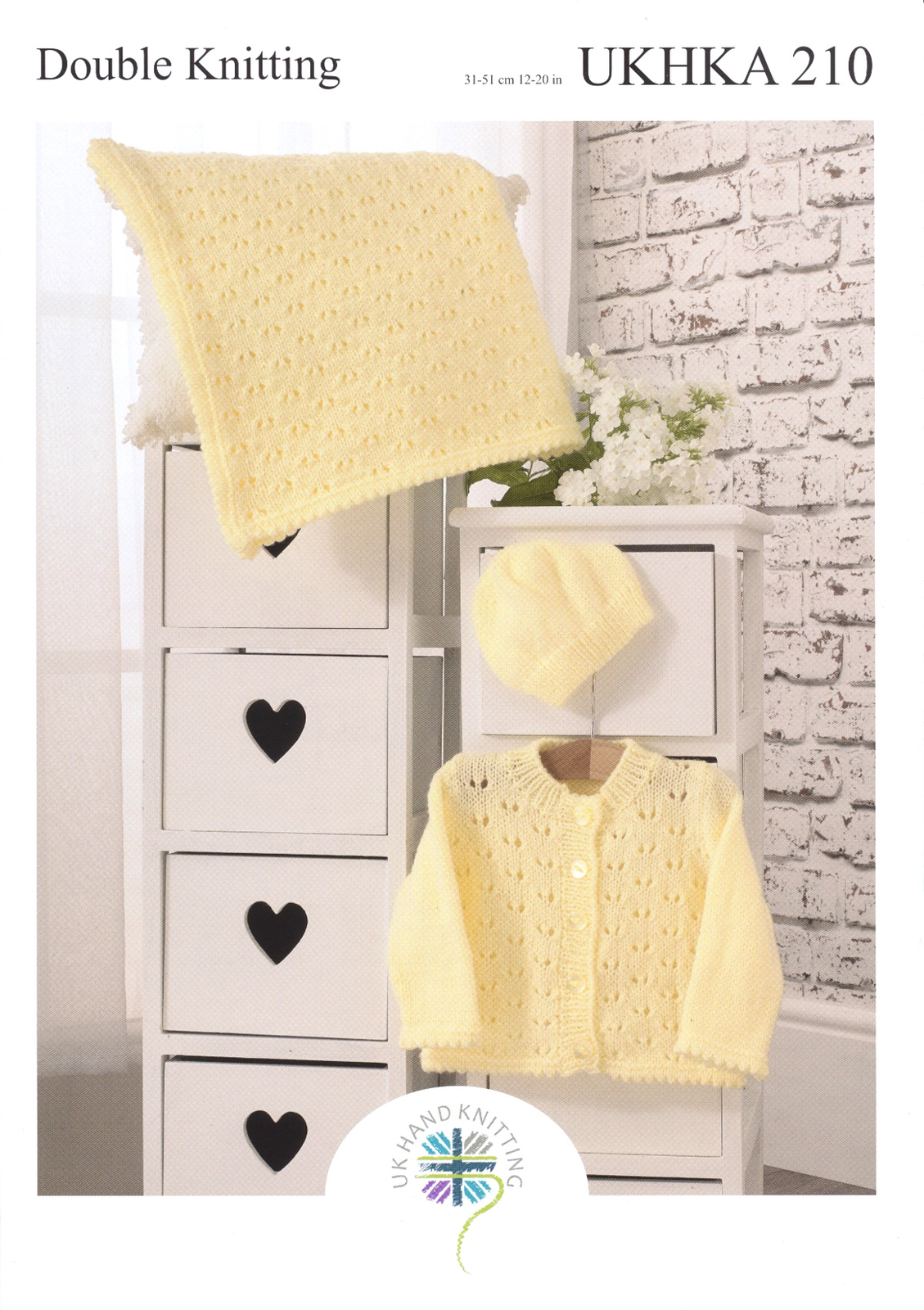 UKHKA 210 Double Knit Knitting Pattern Baby Lace Detail Cardigan Hat & Blanket