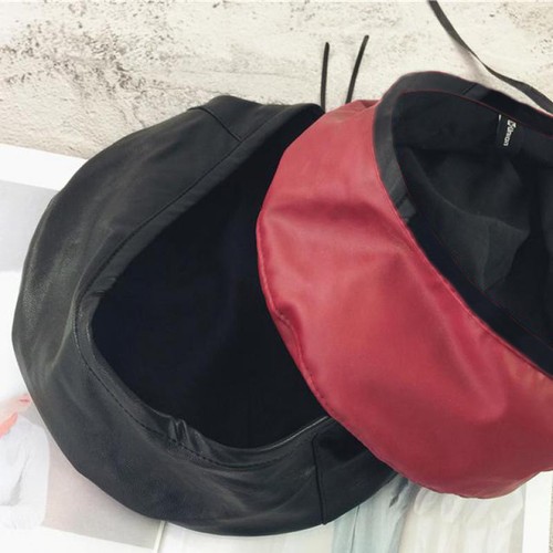 Leather Beret Beanie Skull Cap Vintage Army Navy Top Flat Plain Hat Black Red - Picture 2 of 8