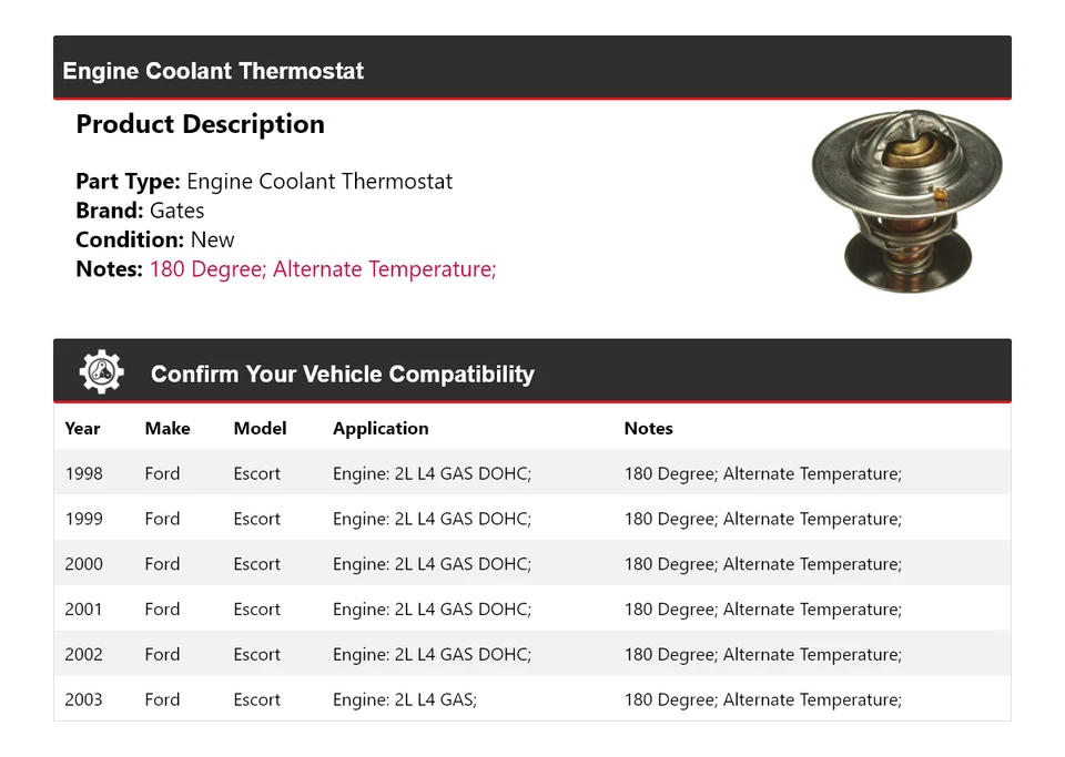 For 1998-2003 Ford Escort Engine Coolant Thermostat Gates 1999 2000 2001 2002 - Image 2 of 4