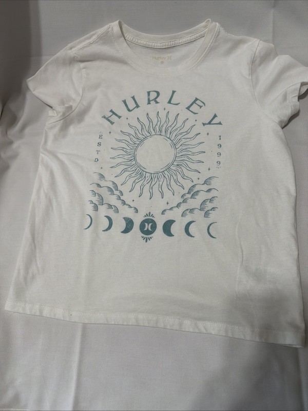 Women’s Hurley White Tshirt With Blue Writing And Sun Size S