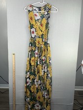 Forever 21 Yellow/Green Floral Maxi Long Slit Sleeveless Dress Women's Sz Small