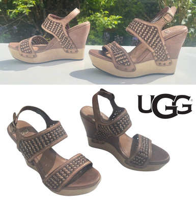 UGG Assia Brown Woven Leather Wedge Sandals Platform Strappy Stud EU 39 | UK 6,5