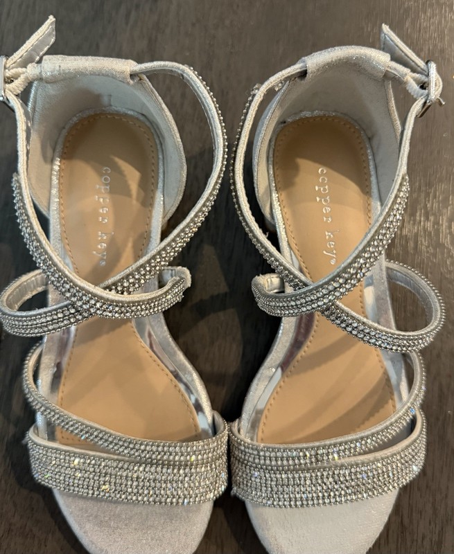 Copper Key Silver Rhinestone Strappy Ankle Strap Block Heel Sandals 13