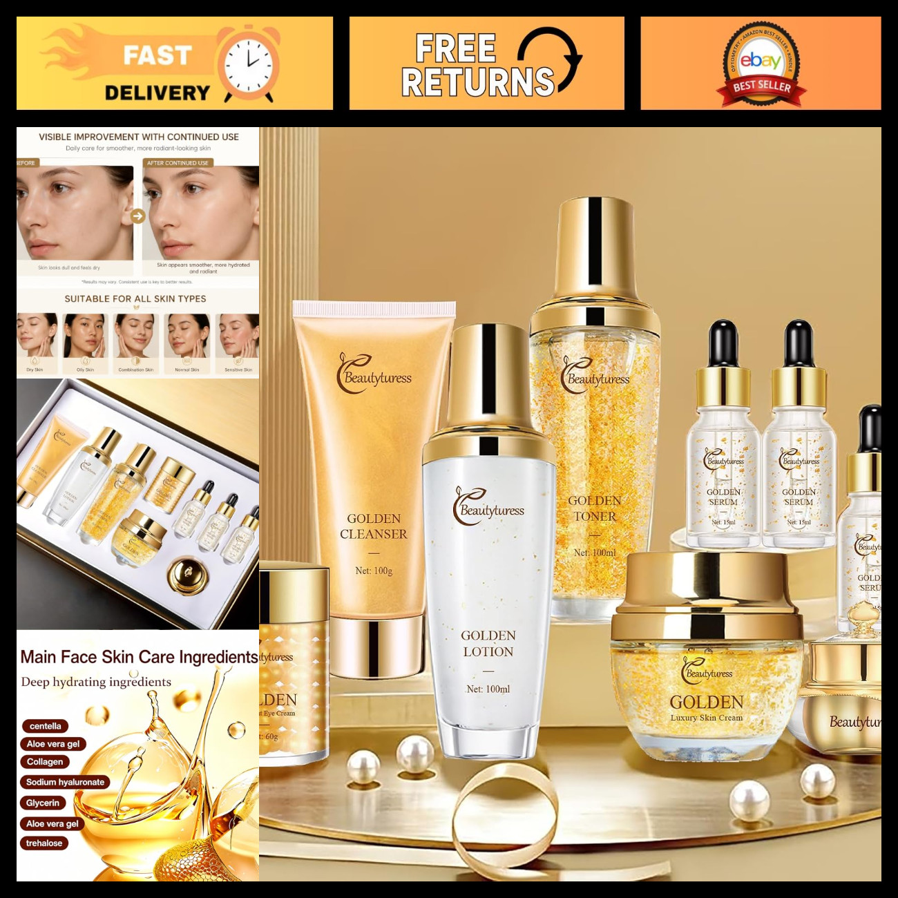 Hydrating Facial Skin Care Set - Cleanser, Toner, Lotion, Creams & Serums, Gift