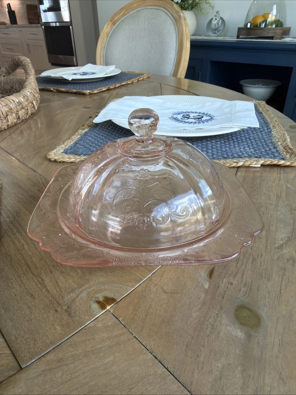 Vintage Pink Carnival Glass Round Covered Butter Dish Madrid Pattern