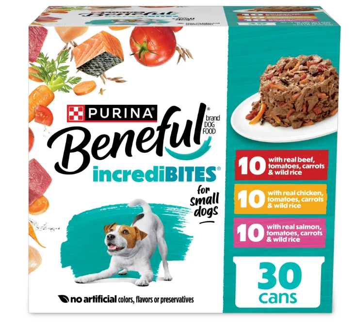 Comida húmeda pequeña Purina IncreditBites para perros pollo suave, carne de res y salmón (paquete de 60) Foto 2 de 4