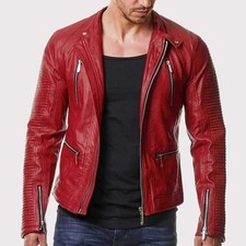 Men’s Slim Fit Red Leather Biker Jacket | Genuine Lambskin Motorcycle Coat
