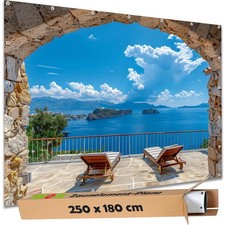 Sichtschutz Garten Zaun Doppelstabmatte Motiv Banner Mauer Tor Meer Blick Balkon