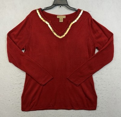 Notations Woman Beaded Embellished Long Sleeve Sweater Red size XL