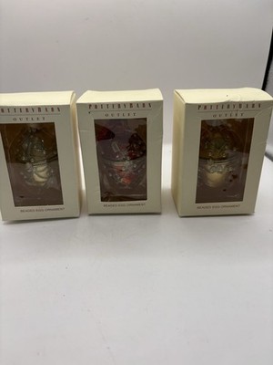 POTTERY BARN Beaded 2.5'' RED & IVORY EGG Christmas Tree Ornament - Lot Of 3