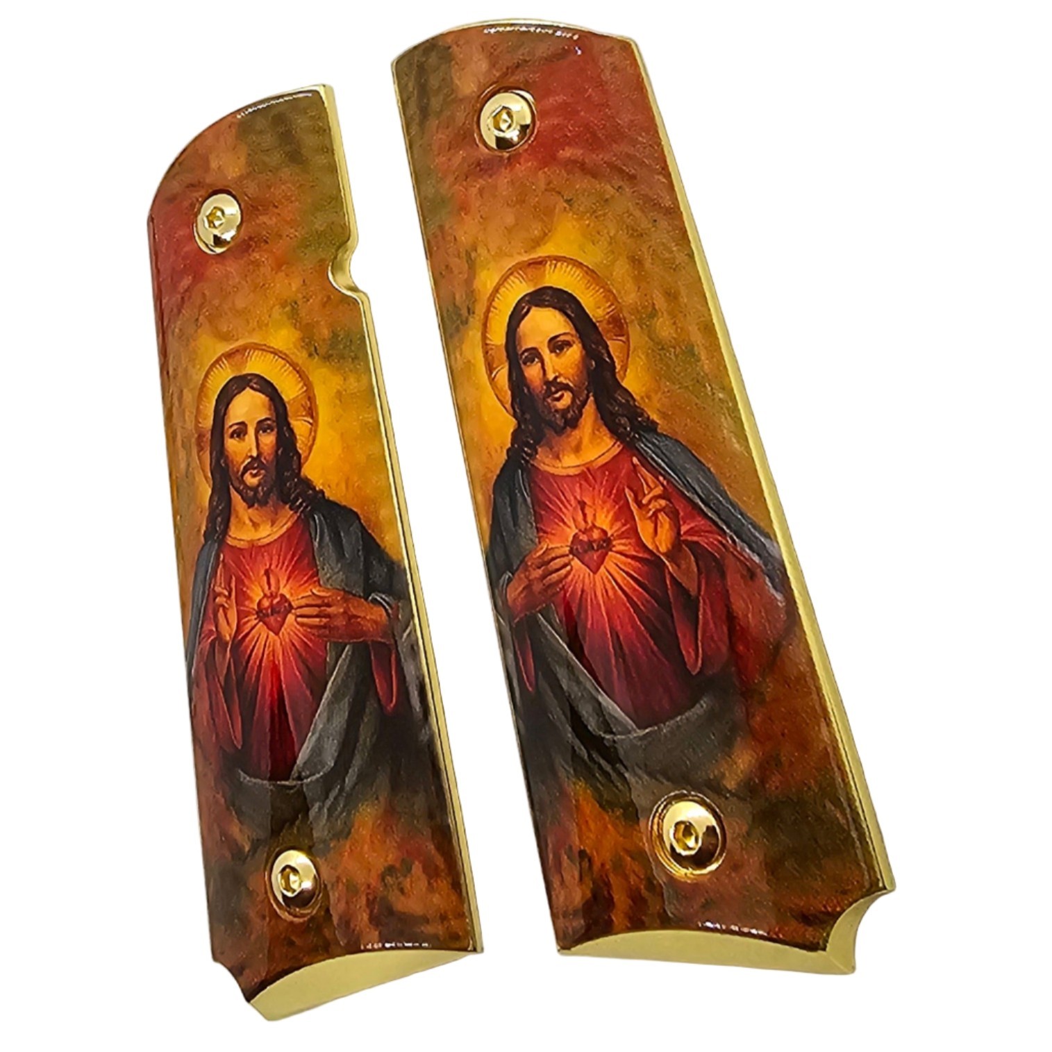 1911 Full Size Metal Grips Ambi Cut – Sacred Heart of Jesus Religious Gold Plate